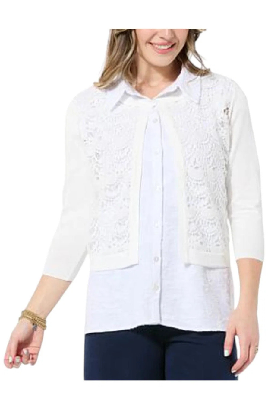 Nina Leonard Women's 3/4-Sleeve Scalloped Lace Bolero Ivory - Regular